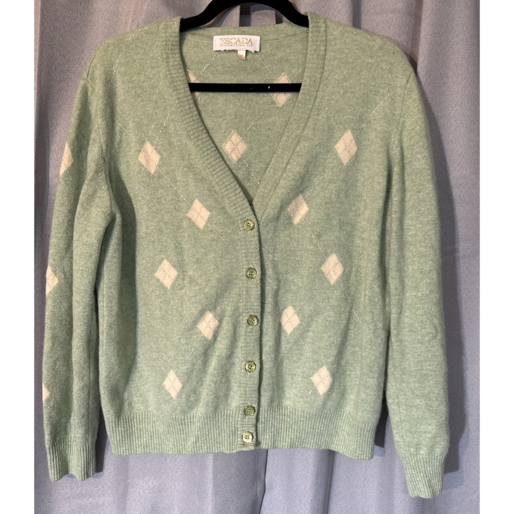 Vintage Escada Margaretha Ley Mint Green Argyle Cardigan Sweater Wool Cashmere L